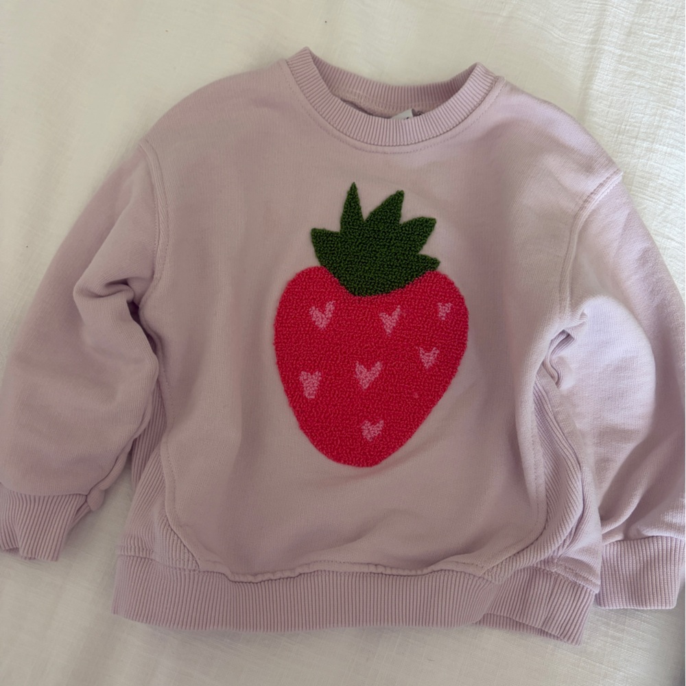 Zara Lilac Sweatshirt with Pink Strawberry Patch and Green Leaves
